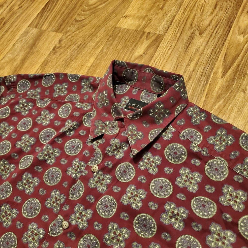 Vintage 90s Structure Shirt Men Medium Burgundy Geometric Medallion Long Sleeve